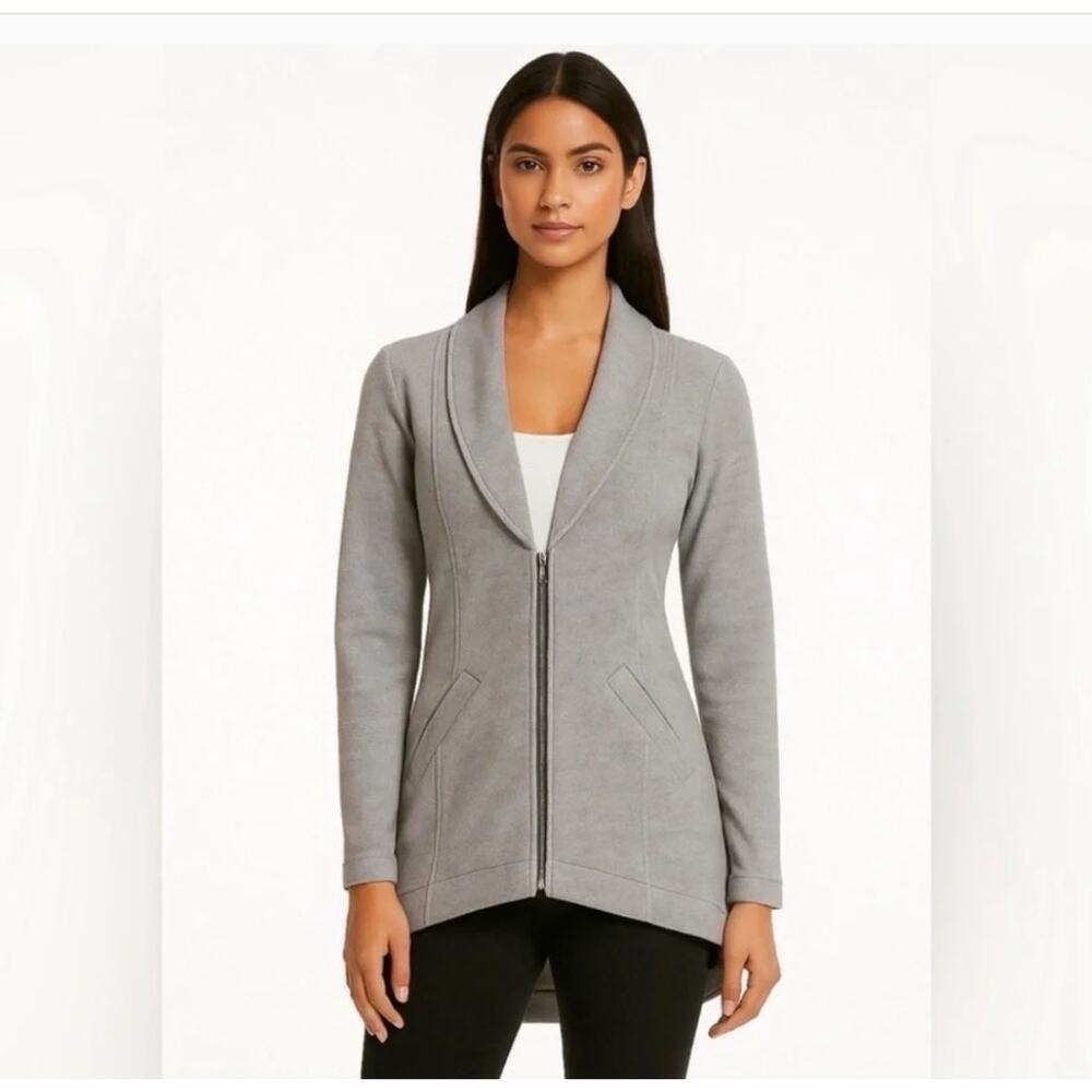 CAbi #5300 Medium Drop Off Zip Gray White Striped Hi Low Blazer Jacket - Small